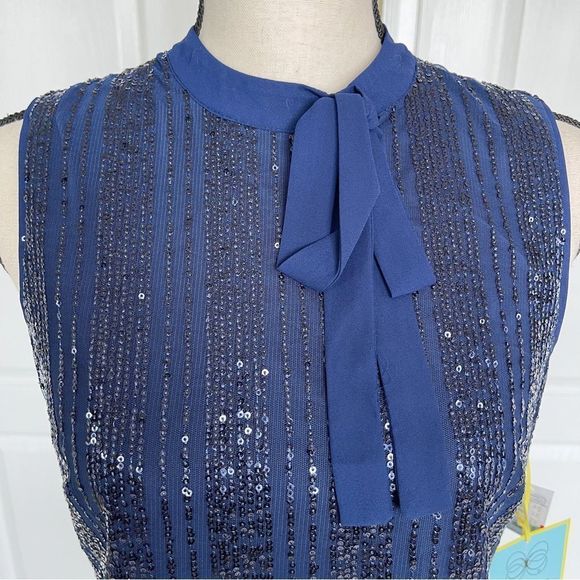 CeCe Size XS Navy & Black Sequin Layered Bow Tie Neck Sleeveless Cocktail Dress - Picture 5 of 15